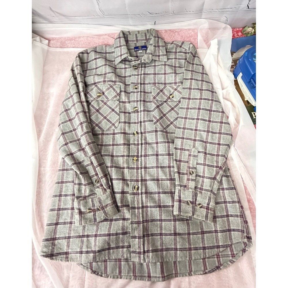 Burry Lane Mens Large Flannel Shirt Grey Burgundy Plaid Long Sleeve Button Down